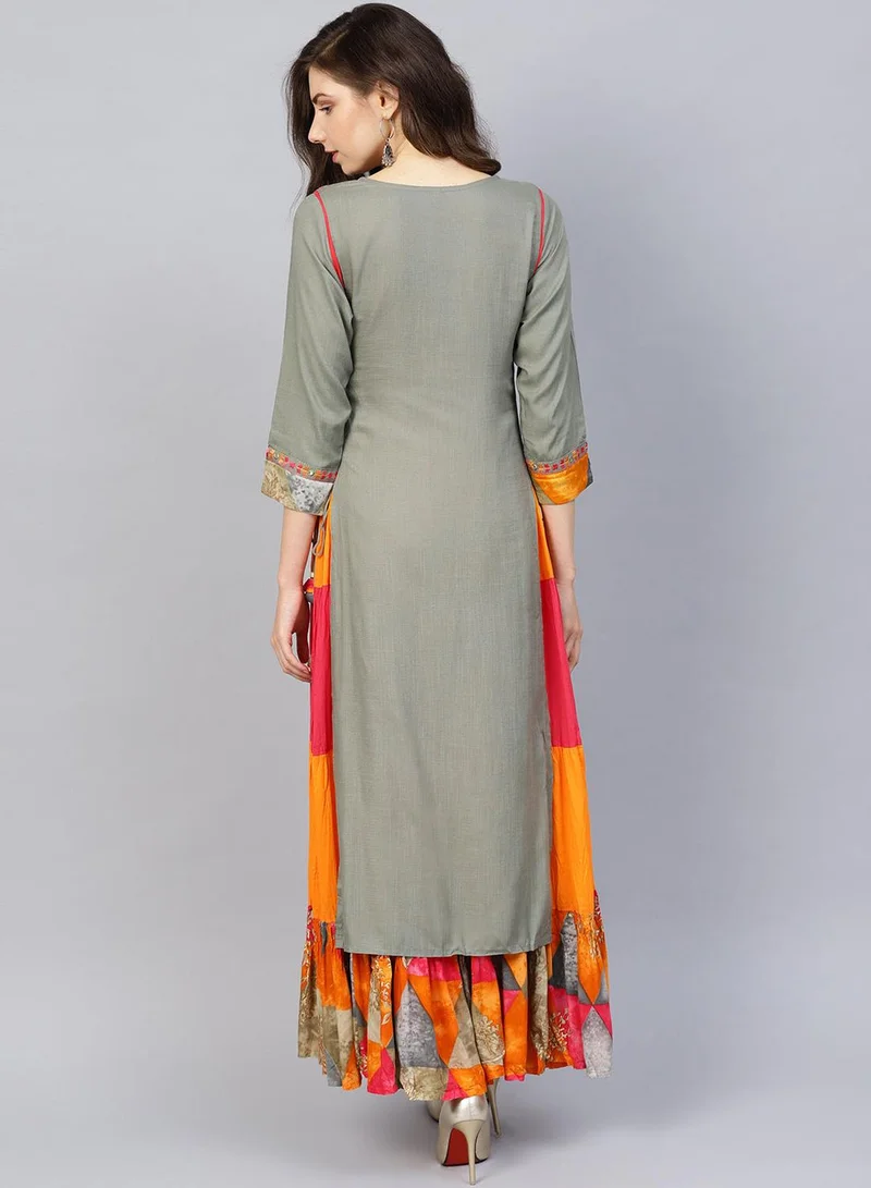 آي شين Women'S Grey 100% Cotton Self Design A-Line Kurta